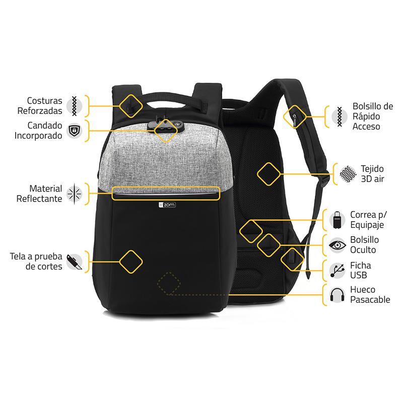 MOCHILA ZOM 15 ANTIRROBO ZB-A609GR USB -